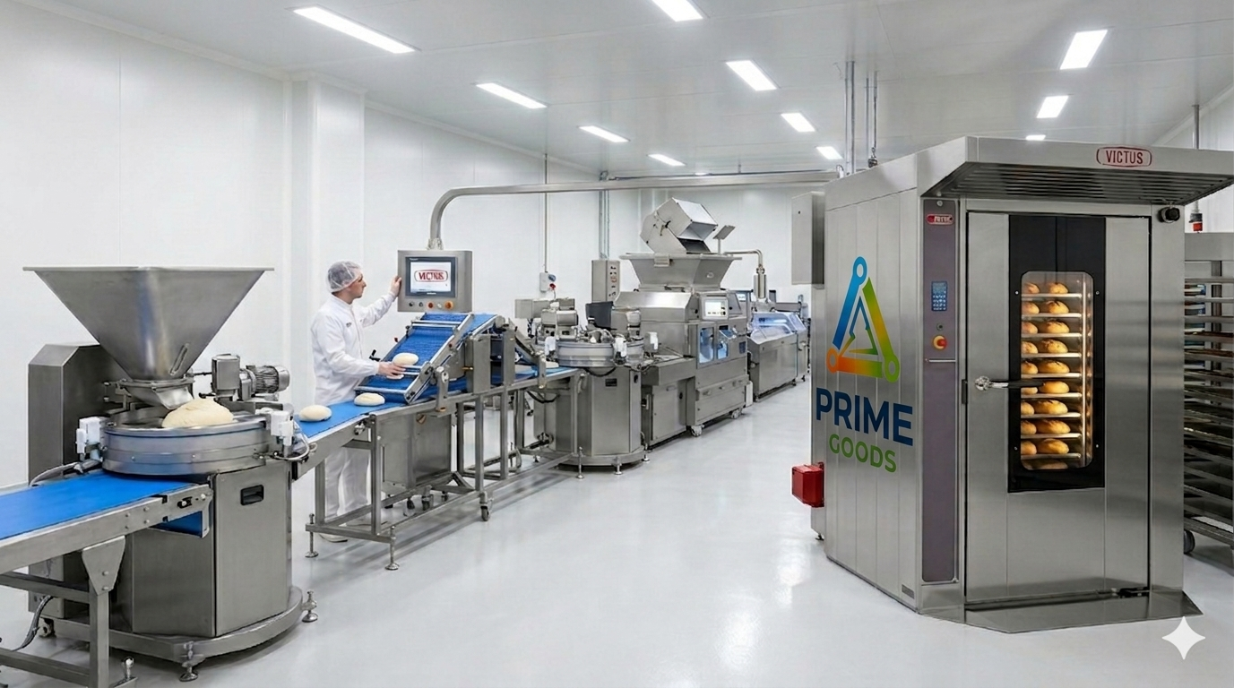 Línea de producción de maquinaria industrial para panaderías: amasadora, banda transportadora y horno en una planta automatizada.